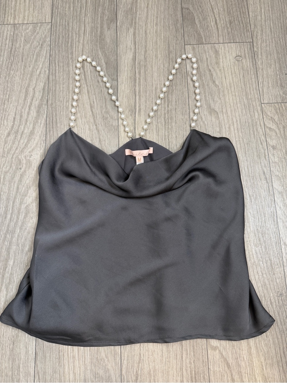 Hutch Gray Satin Faux Pearl Strap Cowl Neck Tank Top Size Medium
